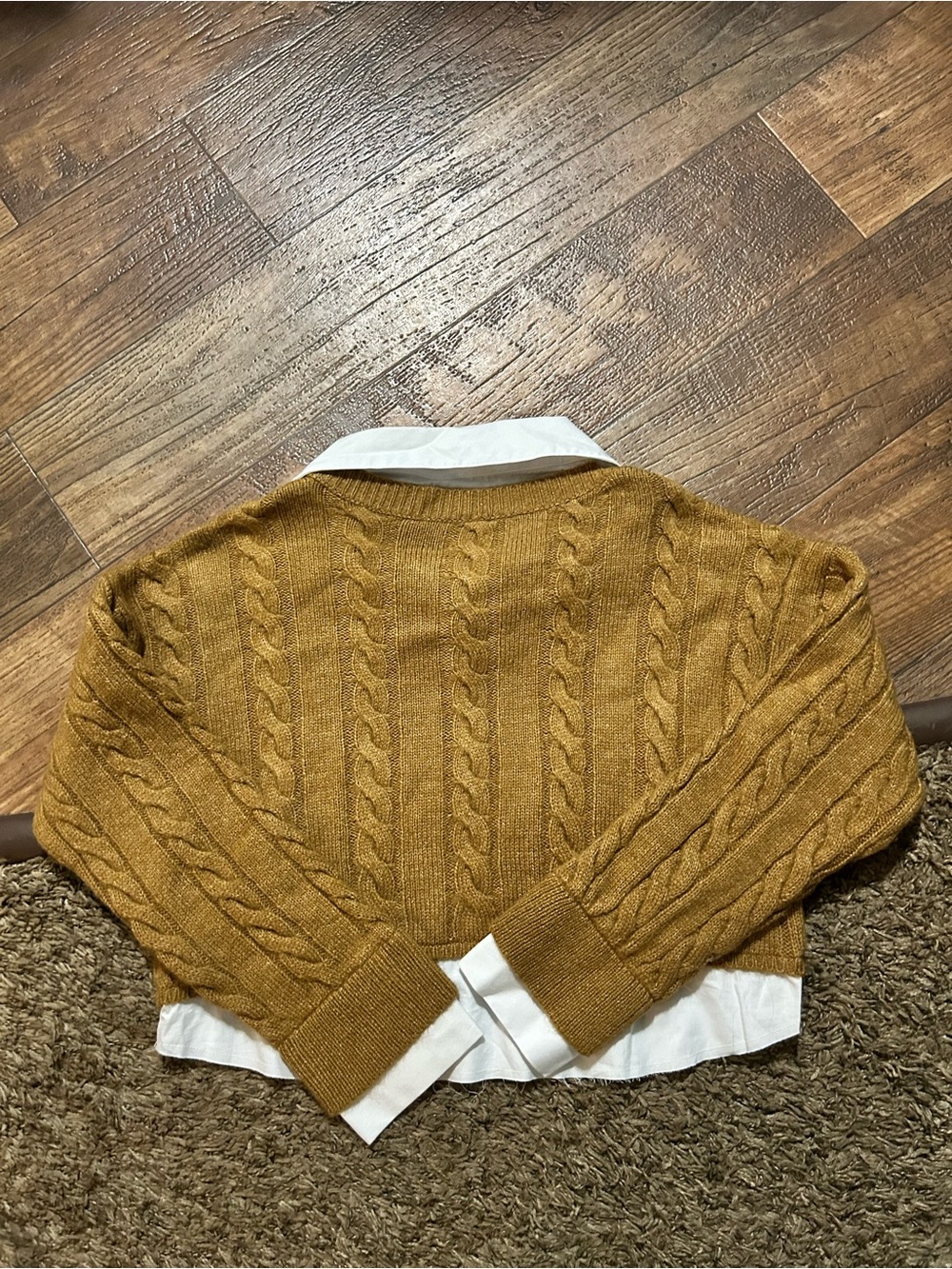 Pilcro Cropped Cable-Knit Twofer Sweater - Mustard Brown - Picture 4 of 4